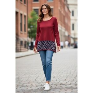 Kim Rogers Womens Small Red with Navy/White Long Sleeve Knit Top Plaid Hem Tunic